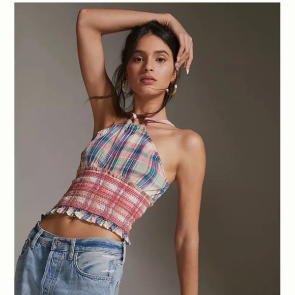 Anthropologie Tops - Pilcro Anthropologie Plaid Halter Top Smocked V-Back